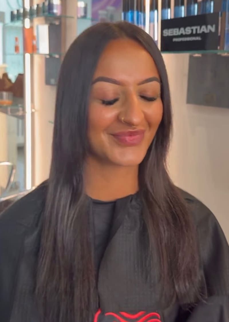 Before: straight, dark hair to just past the shoulders.