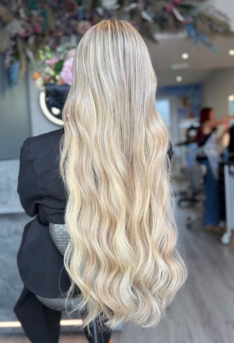 Long blonde waves, seen from behind.