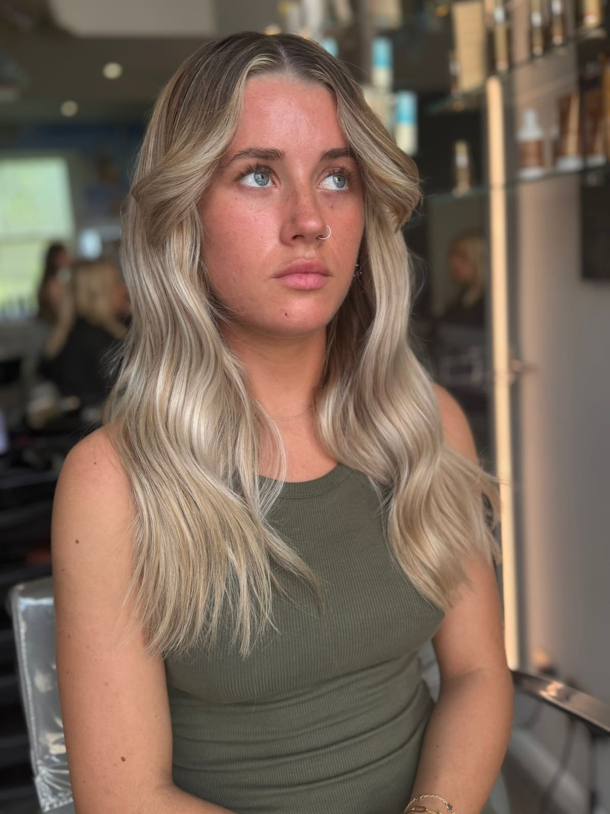 Bronde worn long, waved.